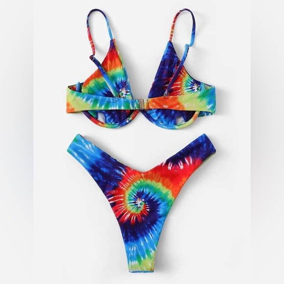 Zaful Rainbow tie dye Push up Underwire Bikini Set High Leg Bottom Triangle Top - Picture 2 of 3